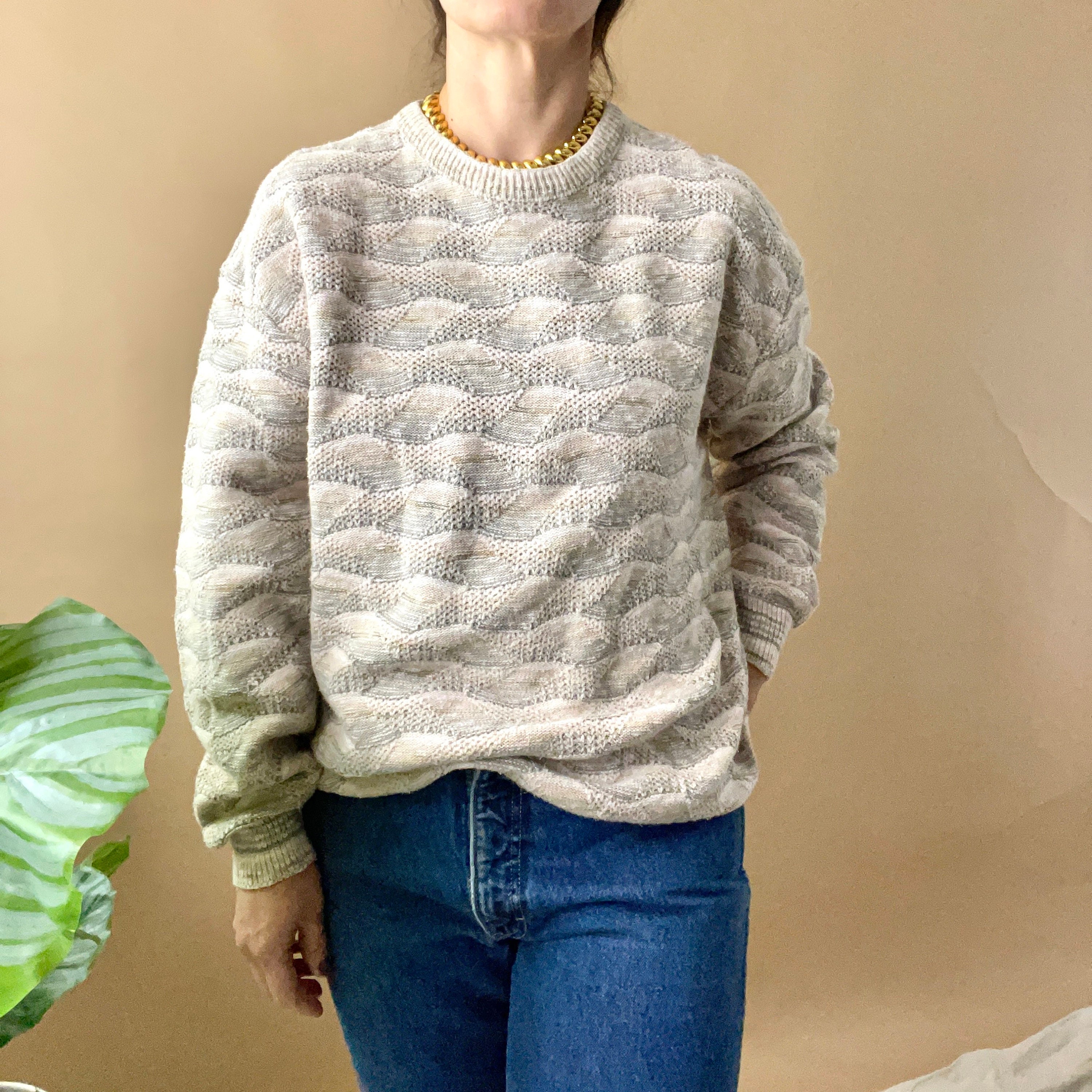 Vintage Stone Mercerized Cotton Blend Sweater, Textured 3D Size Large