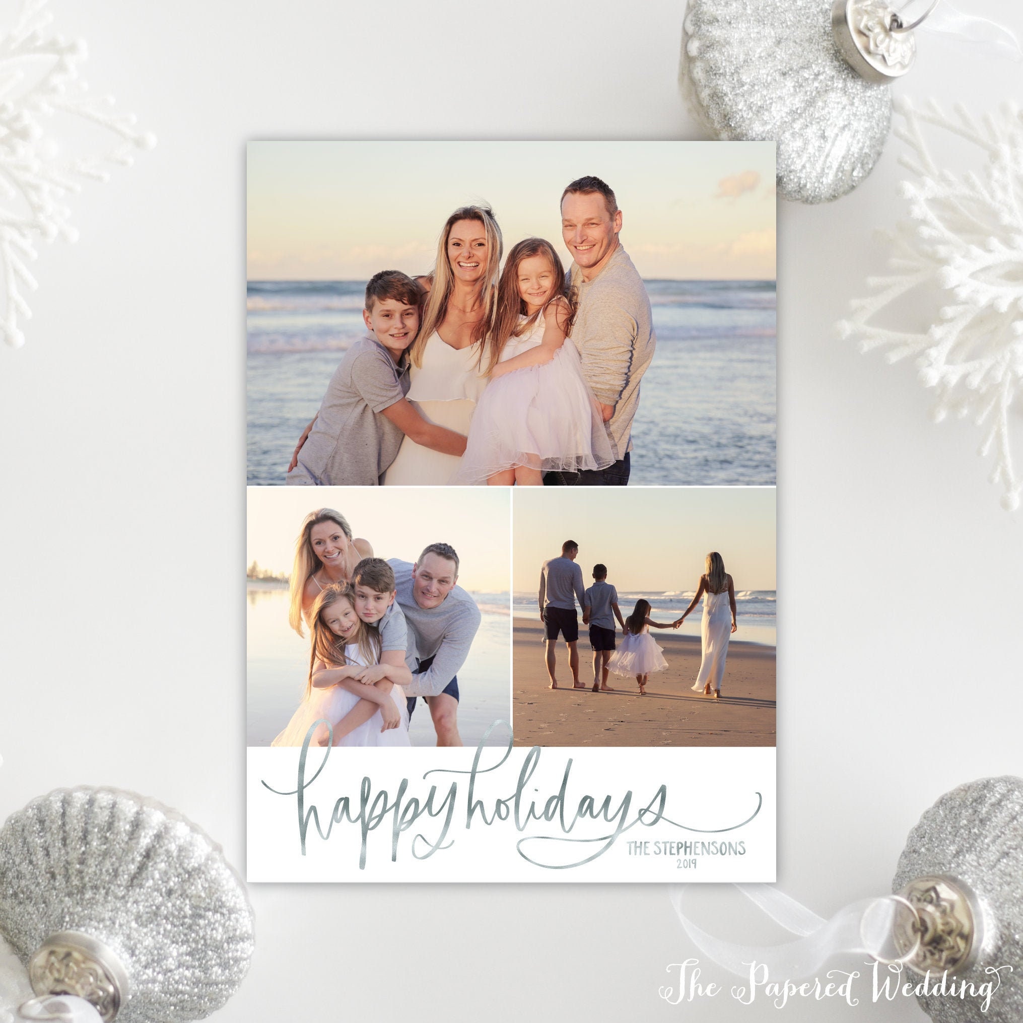 Printable Or Printed Happy Holidays Photo Cards in Faux Silver Foil - Three Pictures Christmas Holidays, Non-Religious 070 P3"