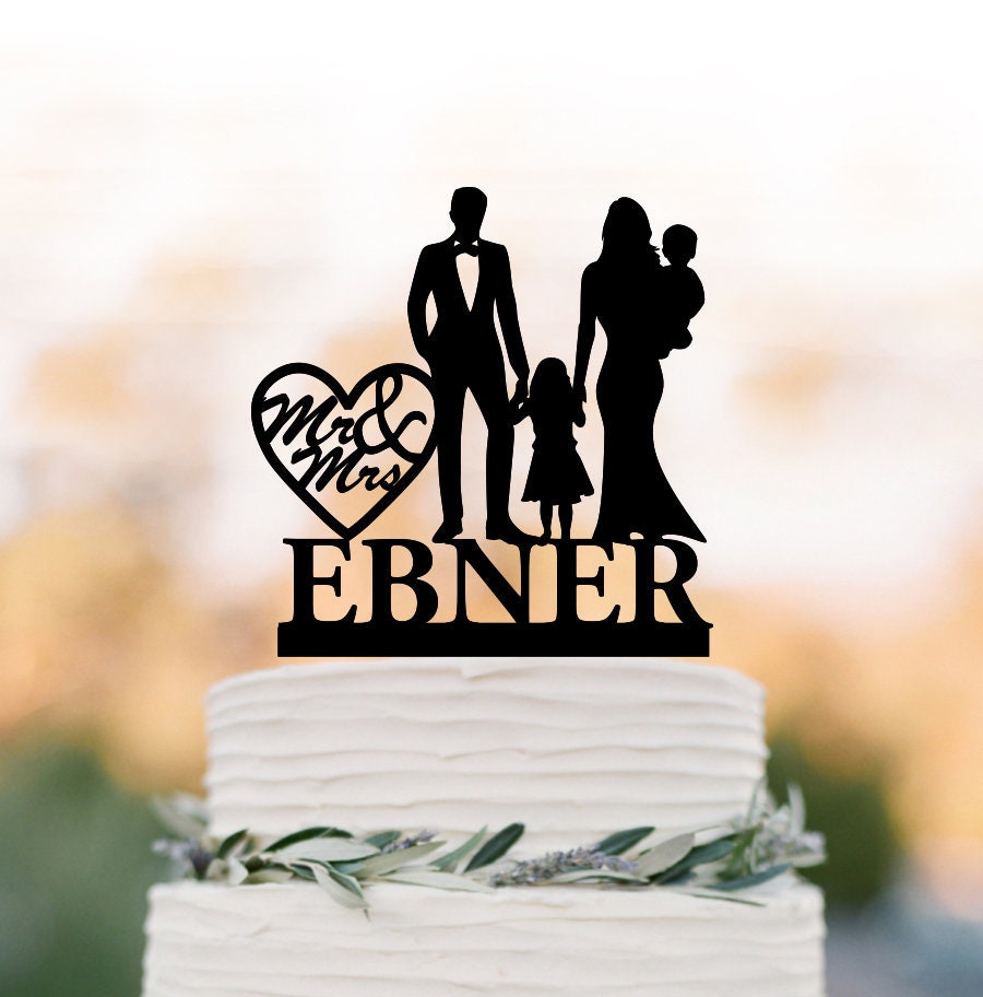 Family Wedding Cake Topper With Baby & Toddler Girl, Bride Groom Silhouette, Personalized Wedding Cake 2 Childs