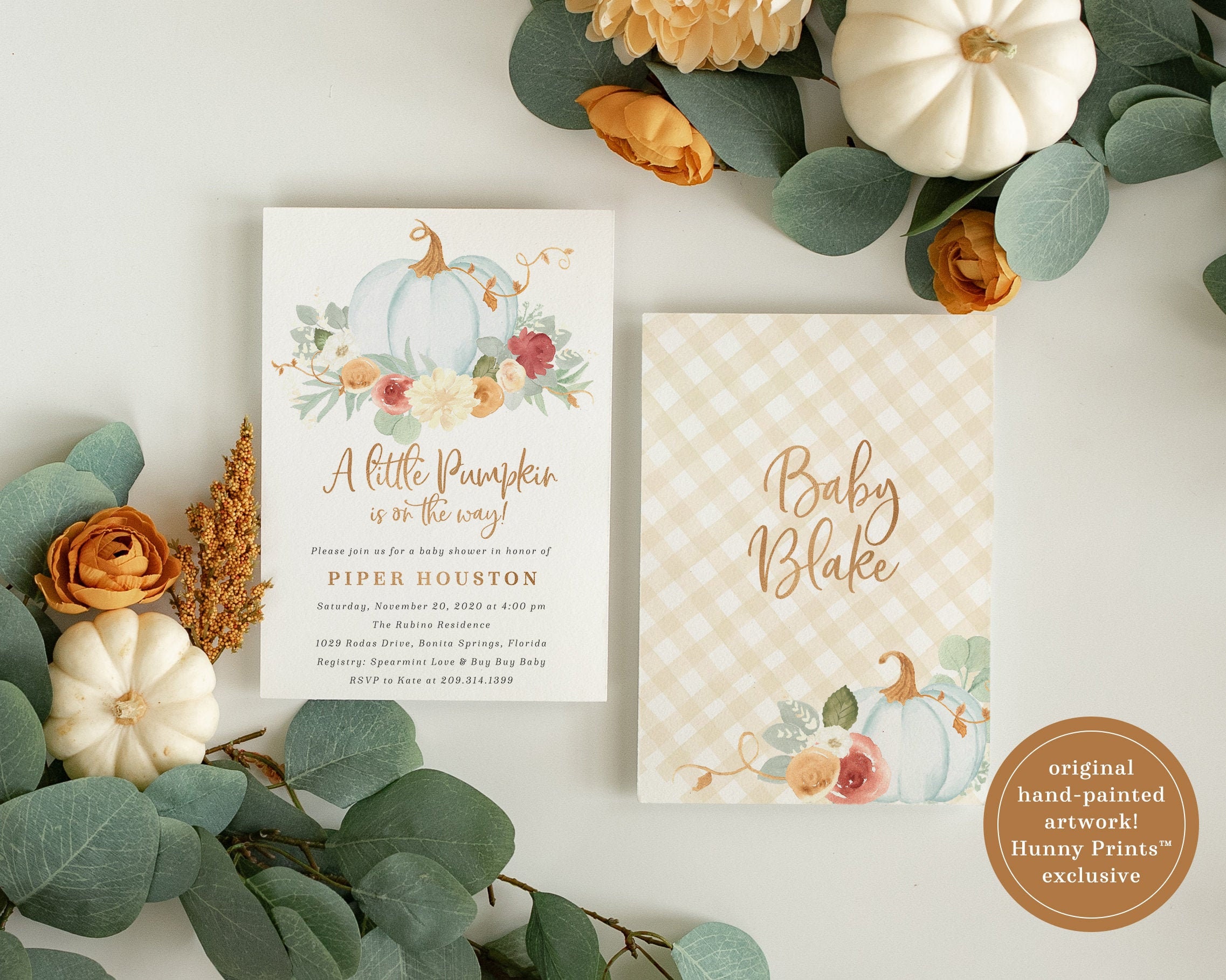 Fall Baby Shower Invitation, A Little Pumpkin Is On The Way Blue Invitation Set, Hunny Prints - Piper