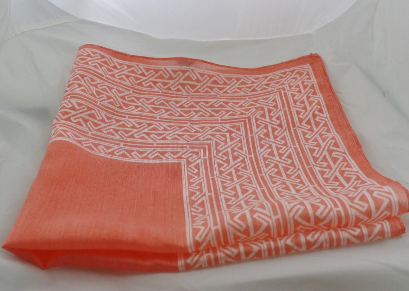Peach White Border Rayon Nylon Blend Scarf, Vintage 21 Inch Square Made in Japan