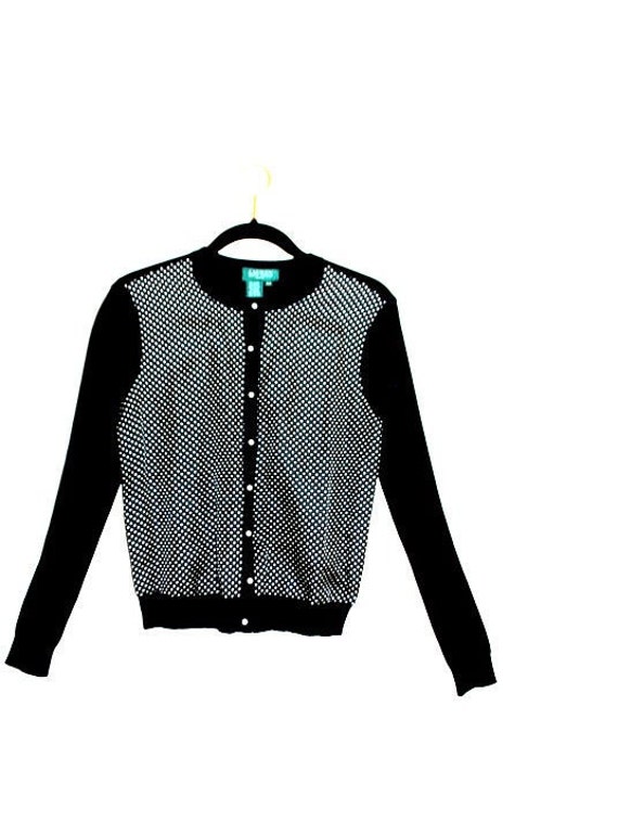 Luxurious Vintage 90S, Black, Silk Blend, Bomber Style Sweater Cardigan With A Tiny White Polka Dots Front. By Ralph Lauren. Size Small