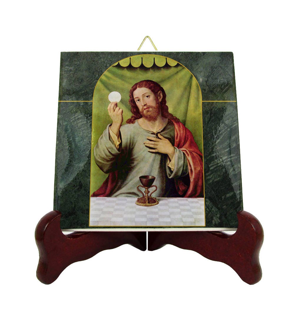 Christian Gifts - Christ With Eucharist Christian Icon On Ceramic Tile Handmade in Italy Communion Gift Idea For Art