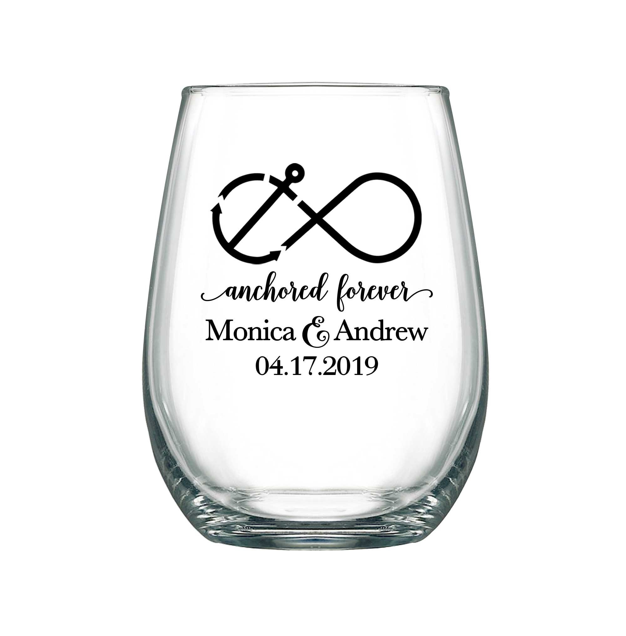 Wedding Wine Glasses Personalized 17Oz Stemless Nautical Favors Party Gifts Anchored Forever 1A