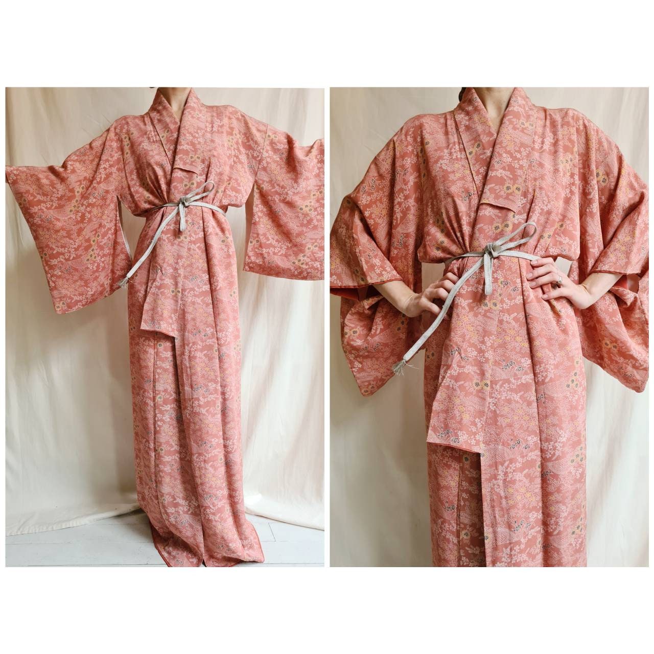 Vintage Japanese Traditional Silk Blend Long Kimono Free Size