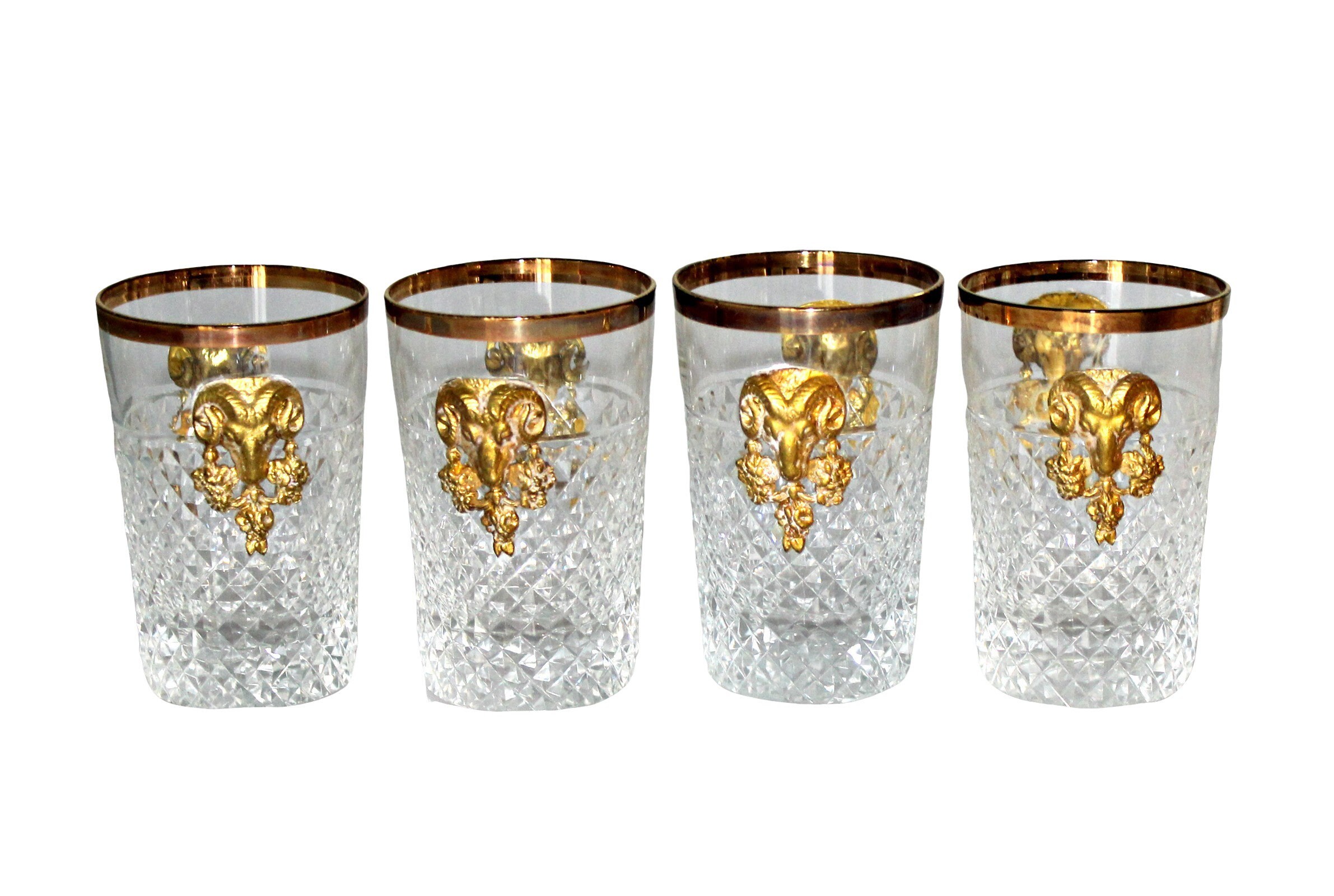 Vintage French Diamond Point Shot Glasses With Gold Tone Metal Ram Heads 4