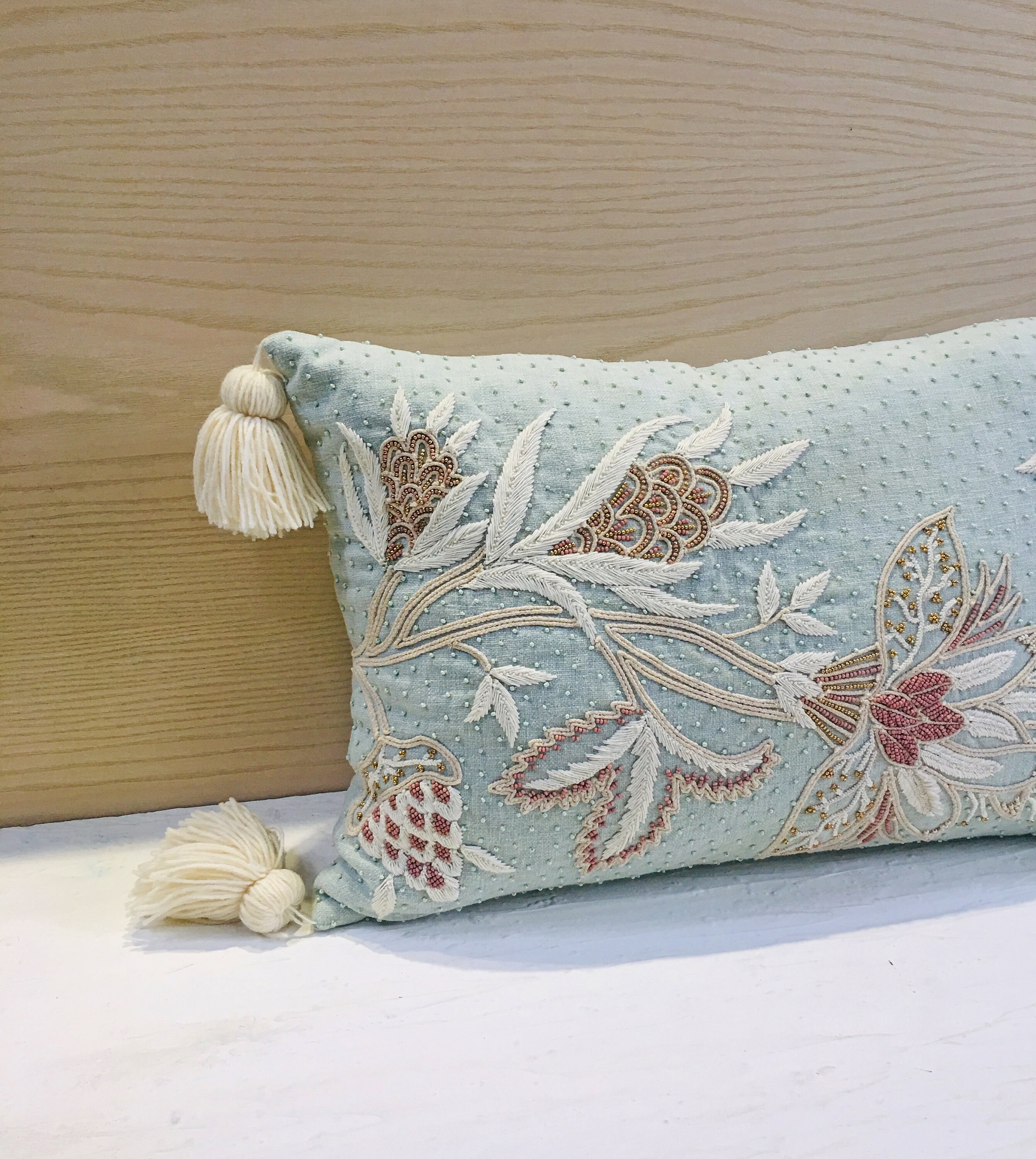 Blue Offwhite Coral Cotton Poly Blend Pillow Cover Luxury Contemporary Modern Throw Hand Embroidery Embellished Custom Bmcc031