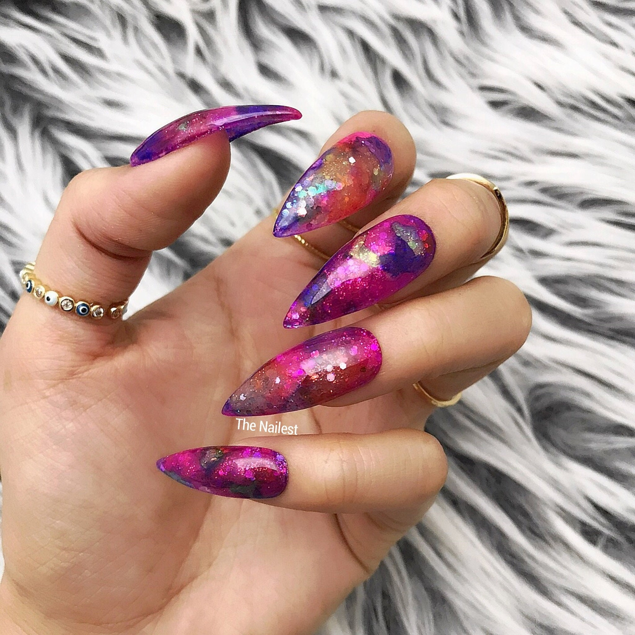 Milky Way Purple Pink Fuchsia Blend Glitter Press On Nails | On Nails Any Shape Fake False Glue Nailes