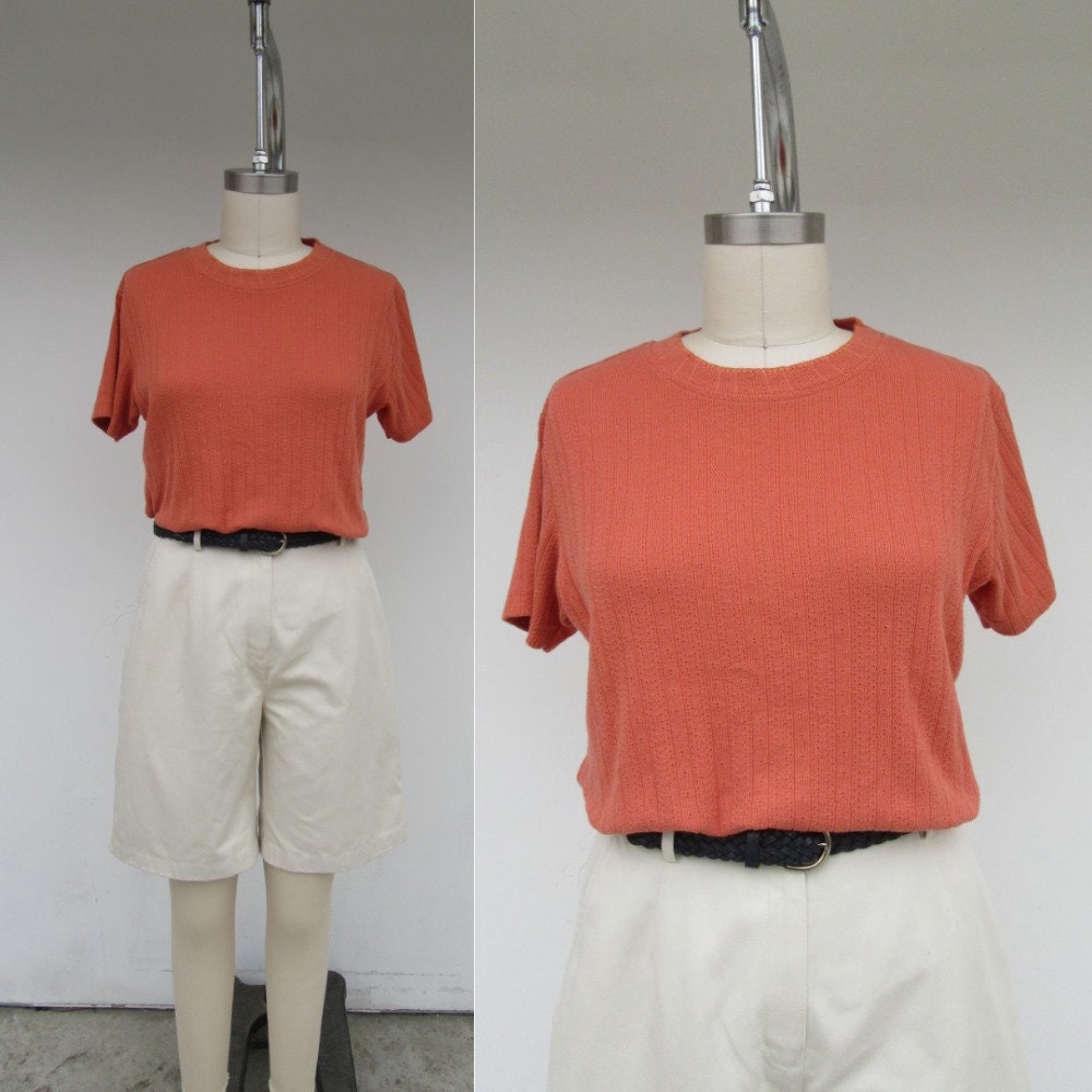 90S Coral Cotton Blend Pointelle Tee Shirt | Minimal Short Sleeve Black Top L