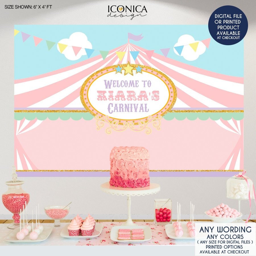 Carousel Party Banner Carnival Girl Pink Circus Backdrop First Birthday Gold Mint Bbd0013