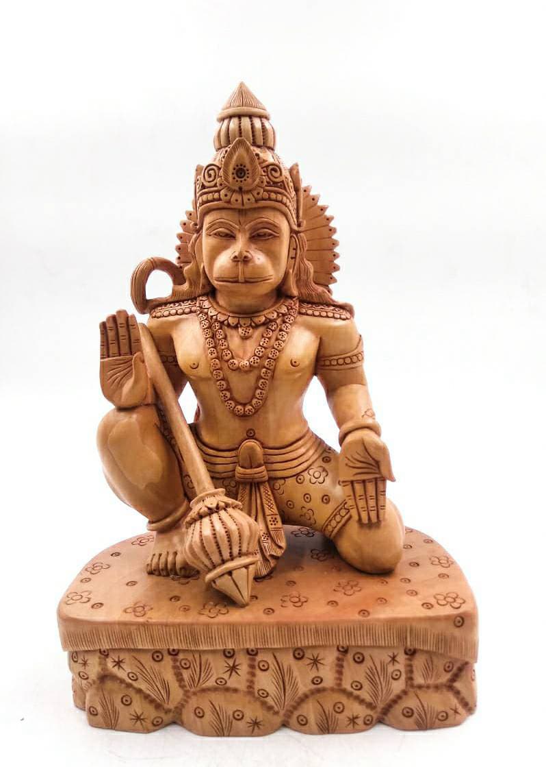 Hanuman Statue - 8 Inches Bajrangbali/Lord Ram Bhakt Hanuman Wooden Sculpture For Altar & Home Decor