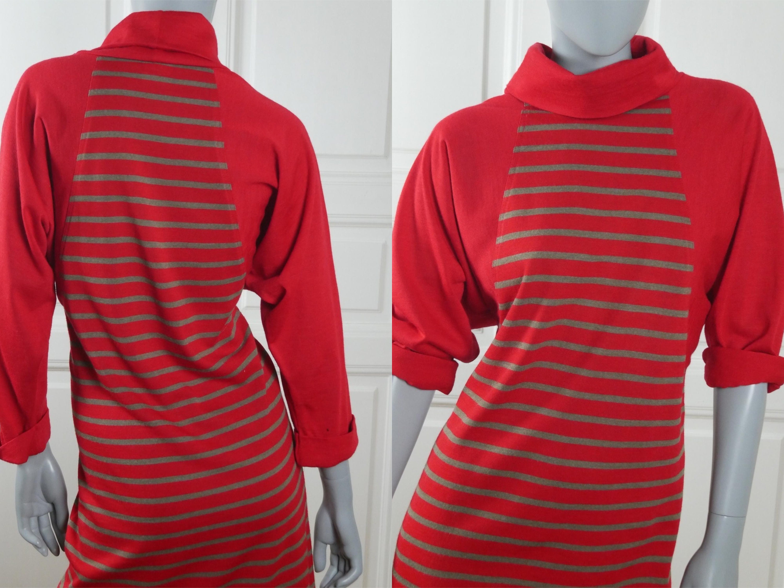 80S Sweater Dress, Red Soft Wool Blend Knee-Length Finnish Turtleneck Knit Dress W Gray-Beige | Greige Stripes, Size Medium, 10 Us, 14 Uk