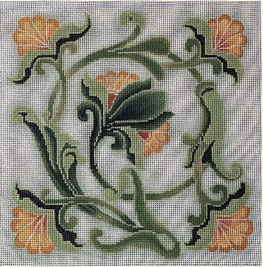 Needlepoint Handpainted Brenda Stofft Art Nouveau Yellow Flowers 10x10 -Free Us Shipping