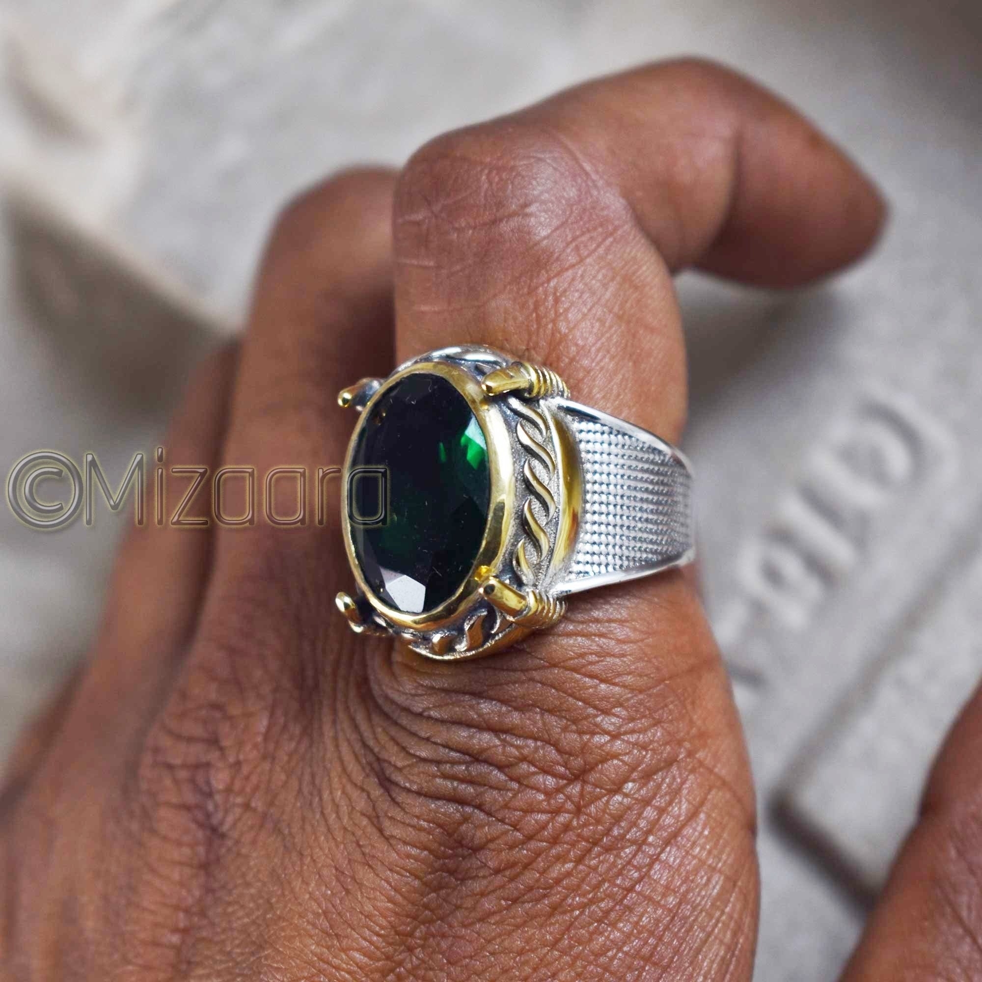 Emerald Silver Gold Ring, Hydro , Mix Metal, Massive Rope Design Gemstone Heavy Men's Gift For Bother, Funky