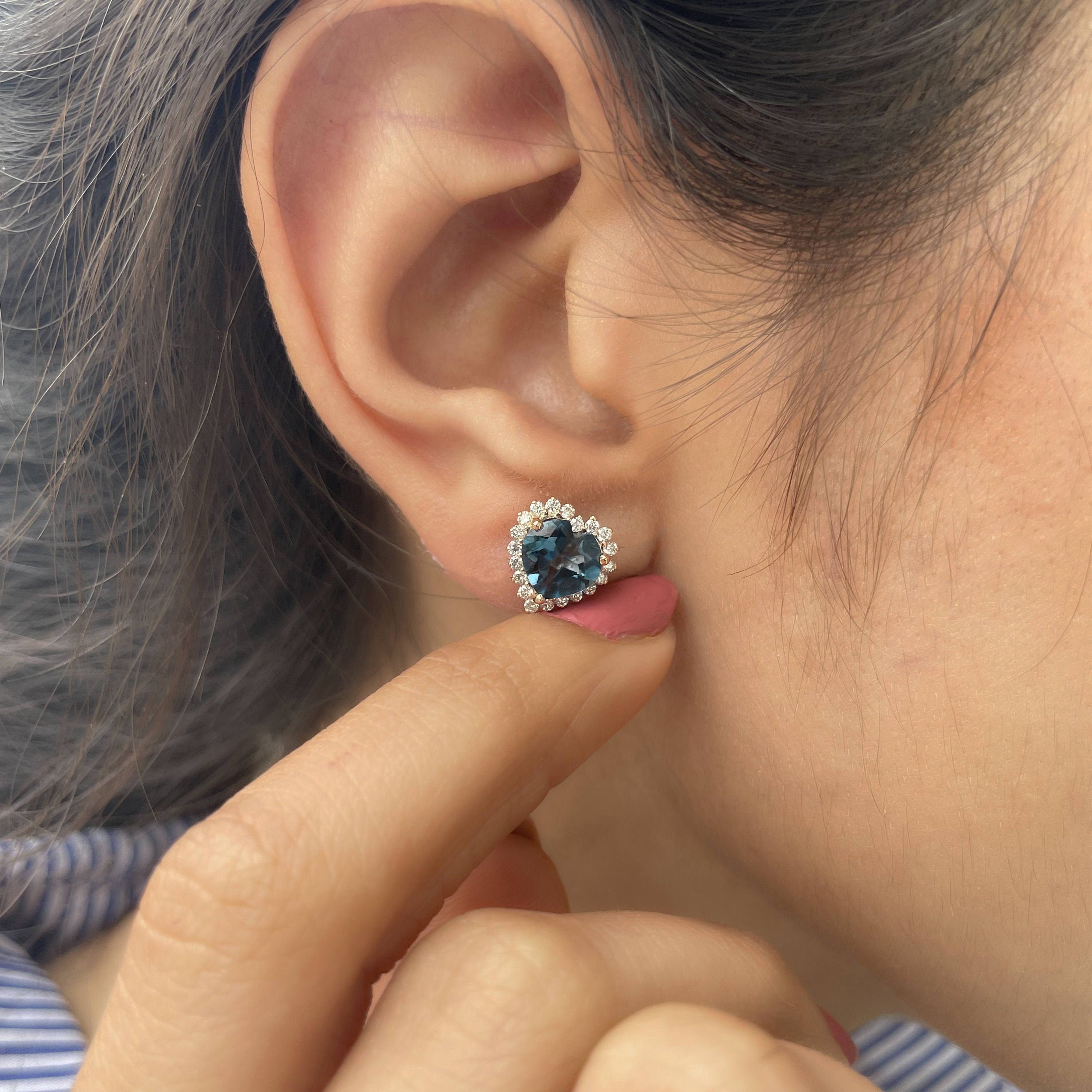 3.5 Ct Heart Stud Earrings, London Blue Topaz Halo Diamond Earrings