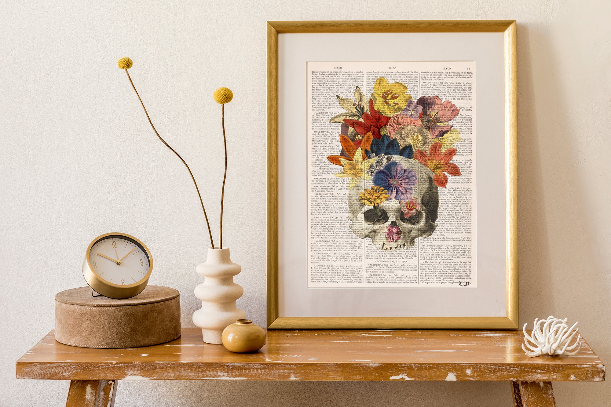 Wall Art Print Dictionary Book Print Flowers & Skull Collage Printed On Vintage Page - Decor Ska016