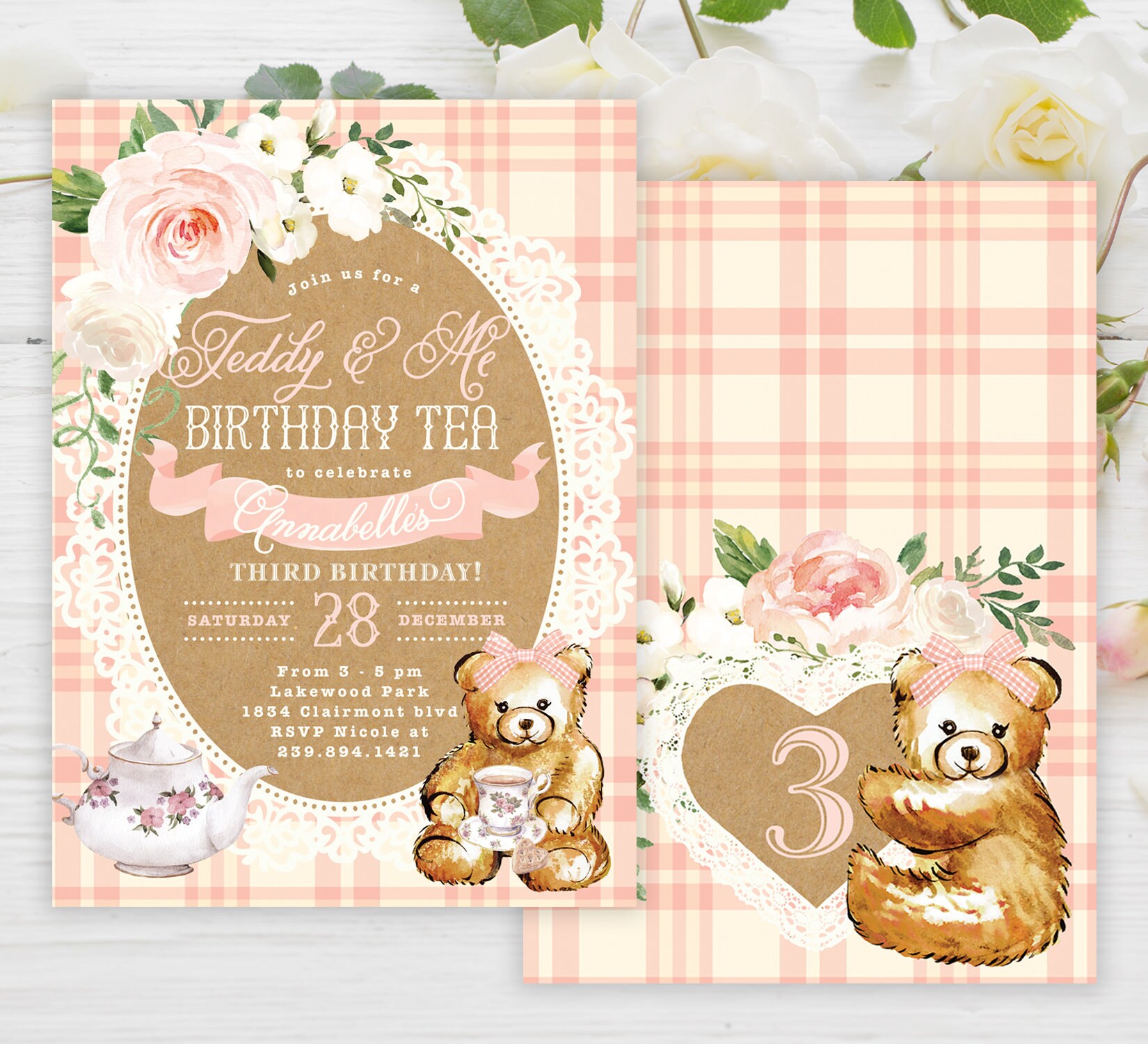 Teddy Bear Birthday Tea Invitation, & Me Party Picnic Invite, Pink