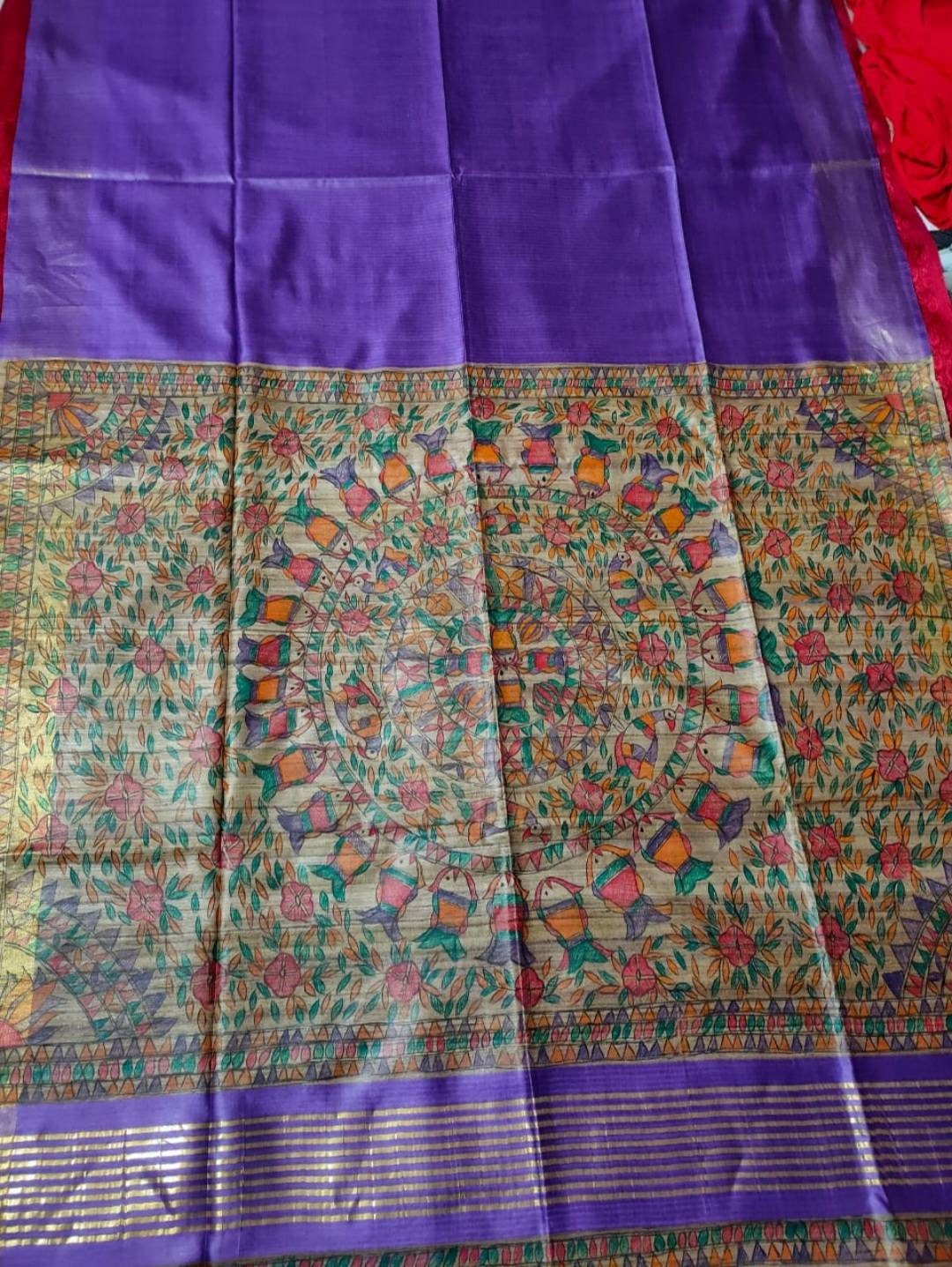 Blended Tussar Silk Saree With Madhubani Hand Painting Ghicha Pallu Blouse Piece Handloom Sari