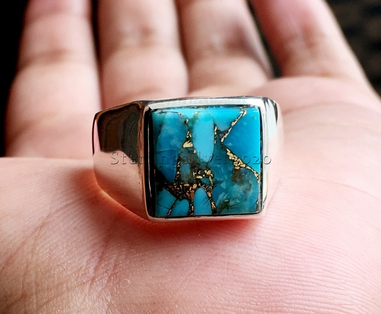 Copper Turquoise Men's Ring, Sterling Silver Ring For Men, Statement Boho Gemstone Anniversary Gift