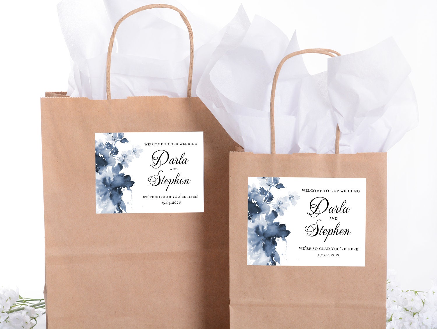 Blue Floral Wedding Stickers - Welcome Bag Box Favor Labels #wdib-332