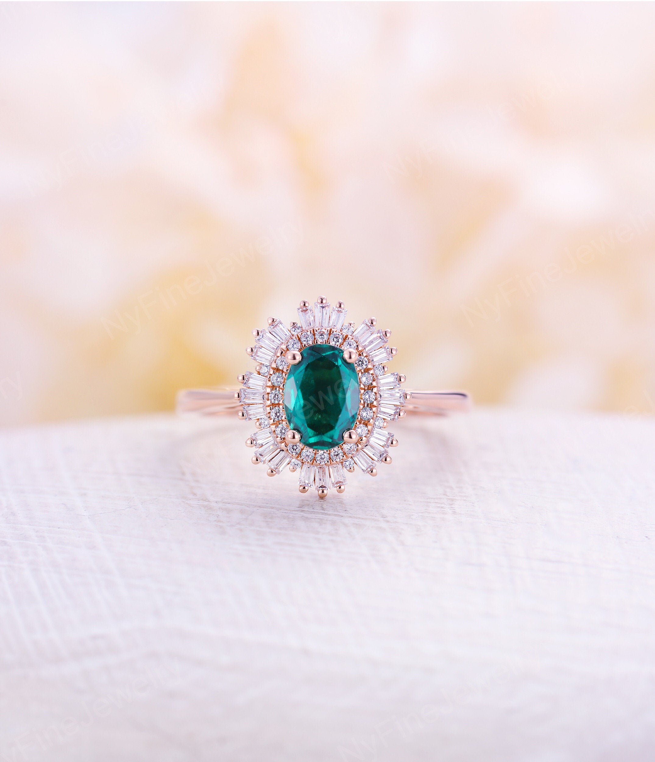 Vintage Engagement Ring Oval Cut Emerald Rose Gold Diamond Art Deco Wedding Unique Anniversary Promise