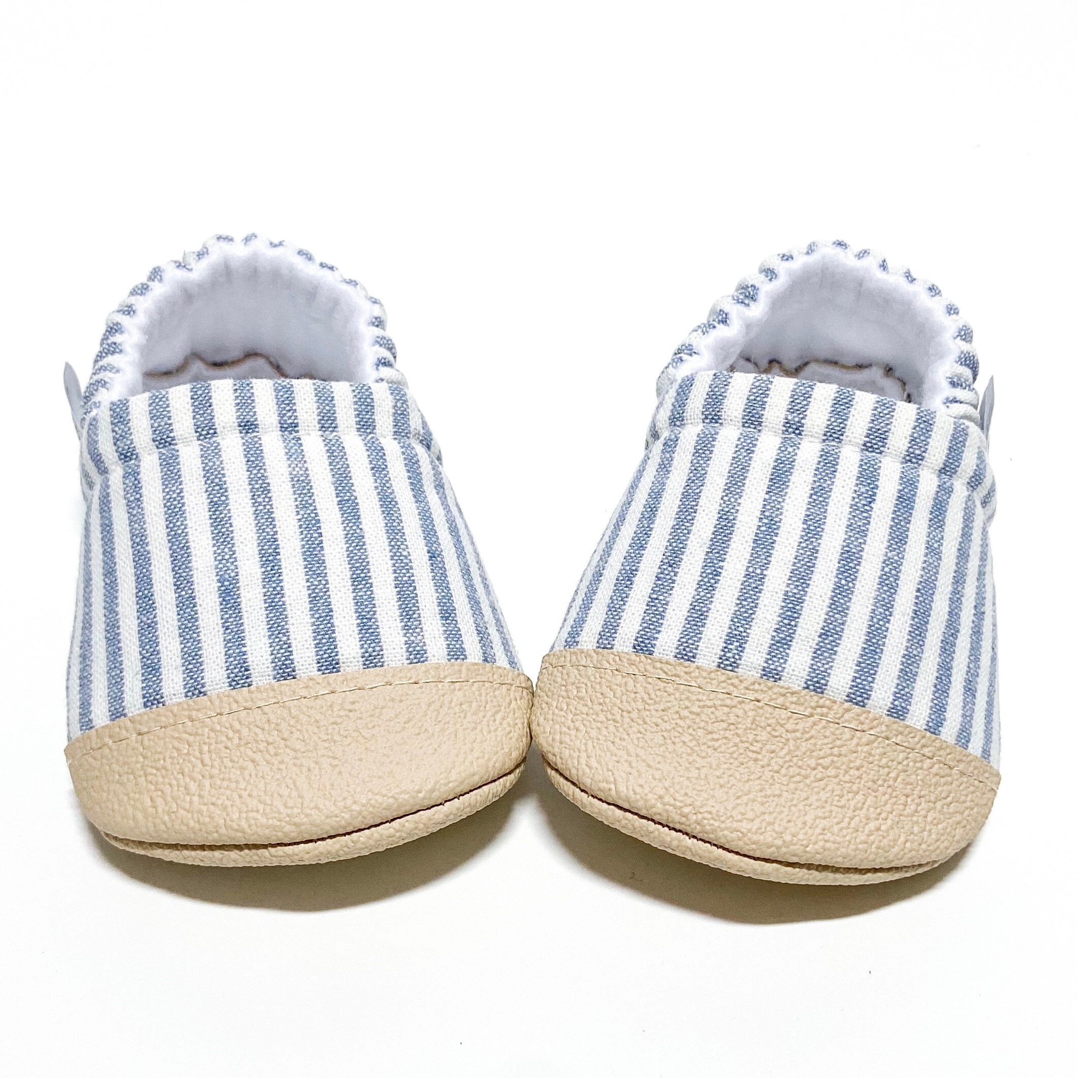 Blue Pinstripe Linen Blend Baby Booties, Slippers, Crib Shoes, Soft Sole, Moccasins, Shoes