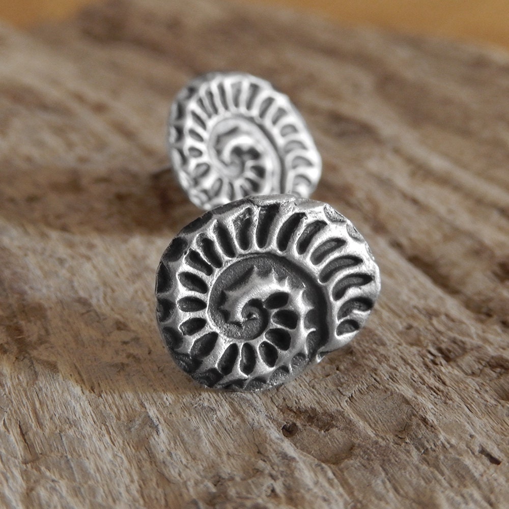 Silver Ammonite Stud Earrings, Nature Inspired Shell Studs, Fossil Earrings, Handmade Nautilus Sterling Silver, Mom Gift