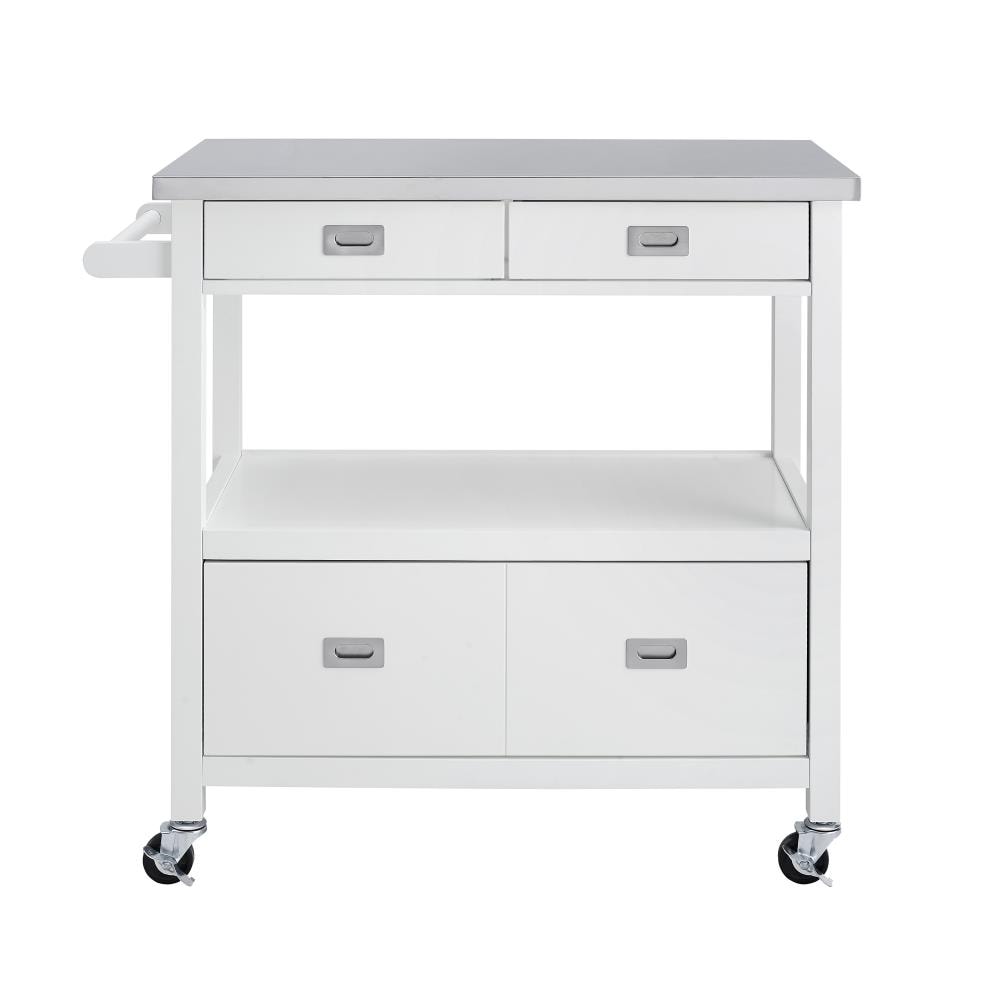 Linon White Wood Base with Stainless Steel Metal Top Kitchen Cart (37.5-in x 18-in x 36-in) | KI106WHT01U