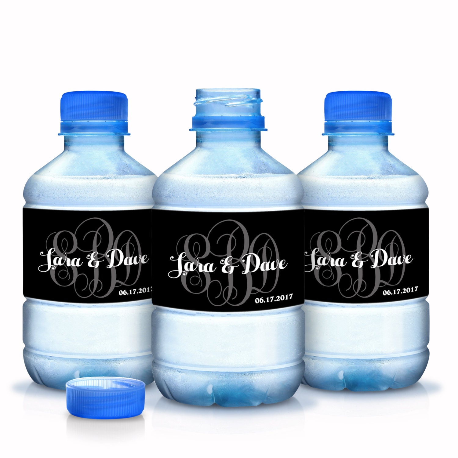 30 Personalized Monogram Wedding Water Bottle Labels - Decor Favors