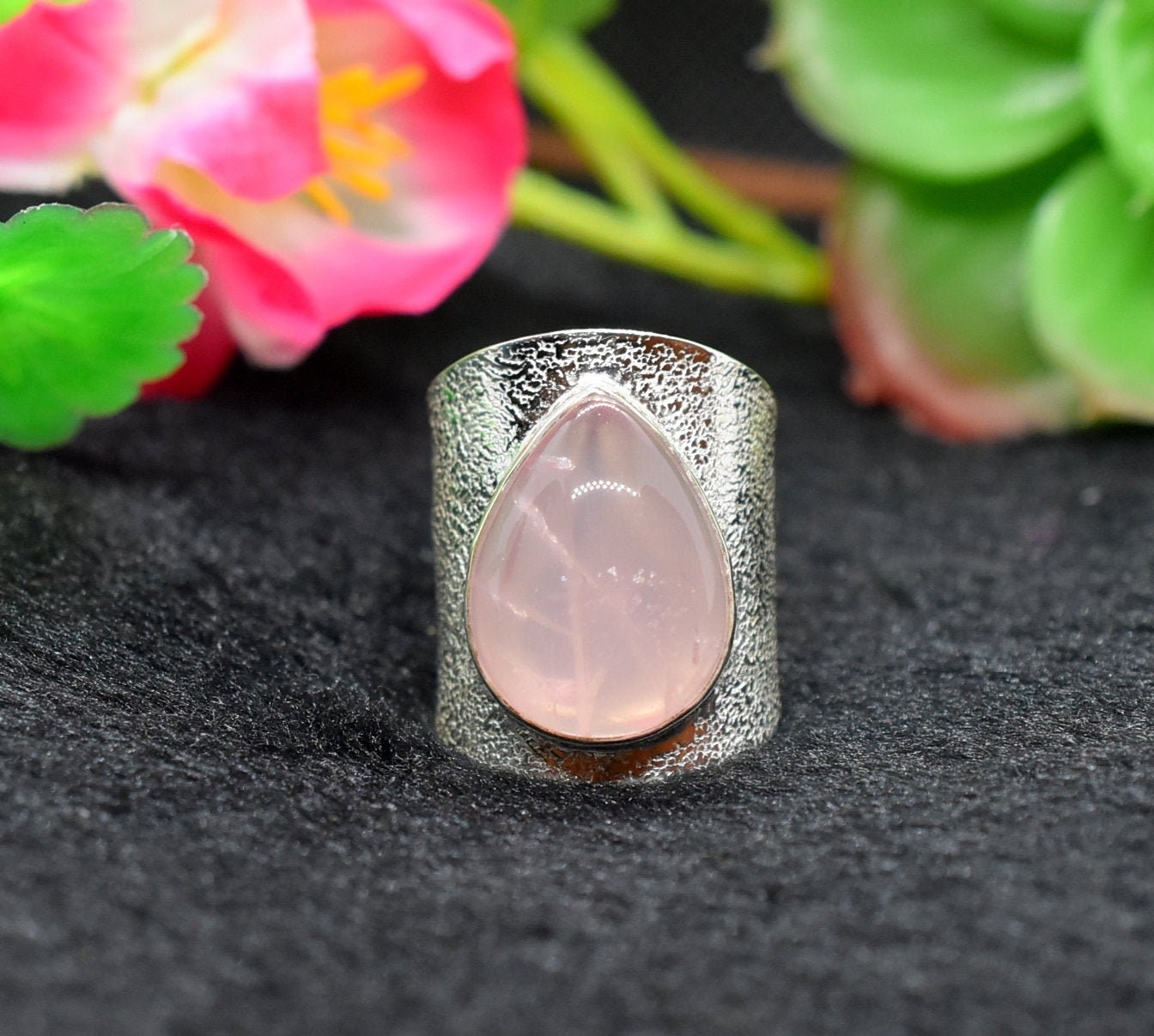 Rose Quartz Size 8+ Us Silver Ring, Handmade Adjustable Birthstone Statement Cabochon Ready To Wear & Ship