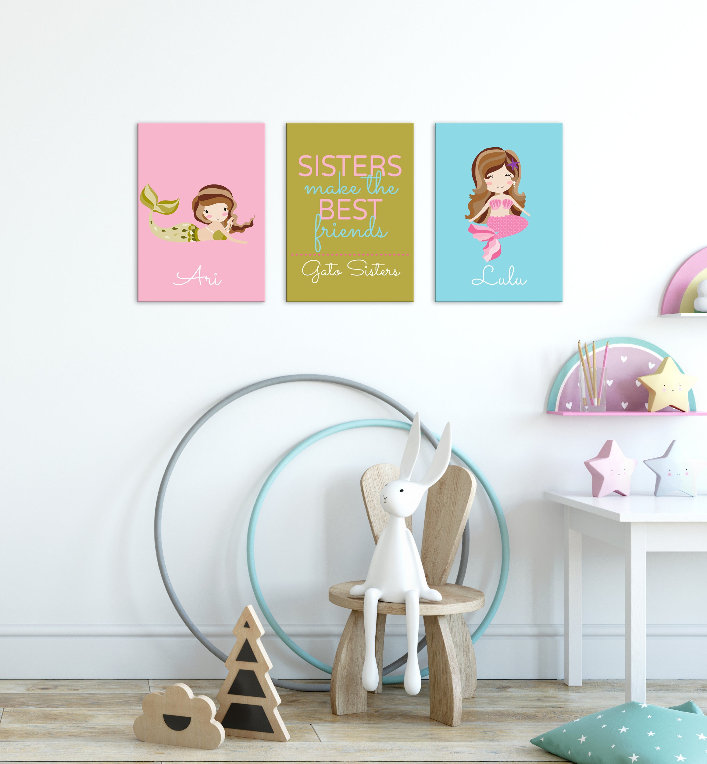 Sisters Wall Art, Mermaid Gift For Girls, Personalized Girls Room Decor, Sibling Decor