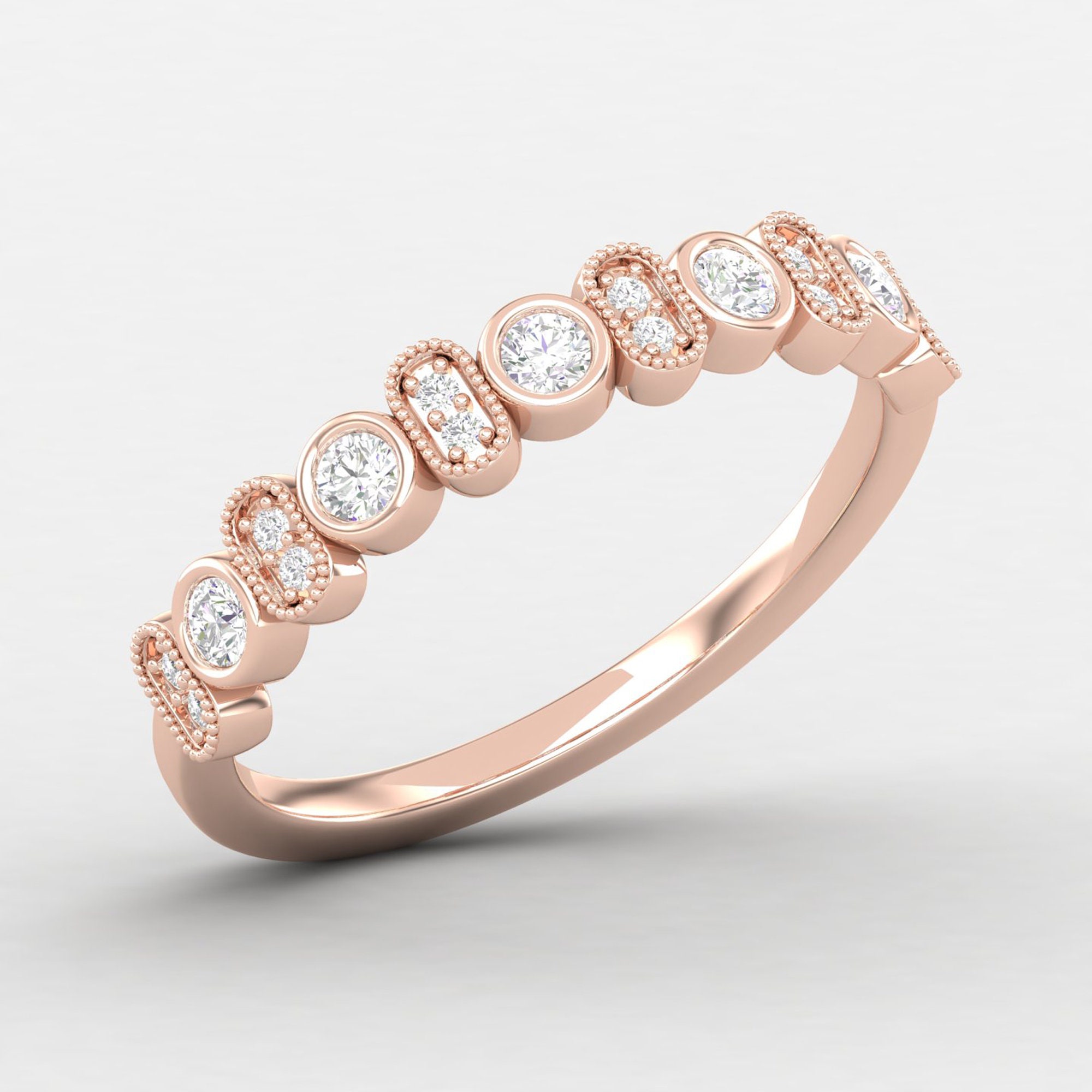 Rose Gold Diamond Promise Ring, 18K Solid Bezel Band, Stacking Wedding Rings For Women, Milgrain Ring