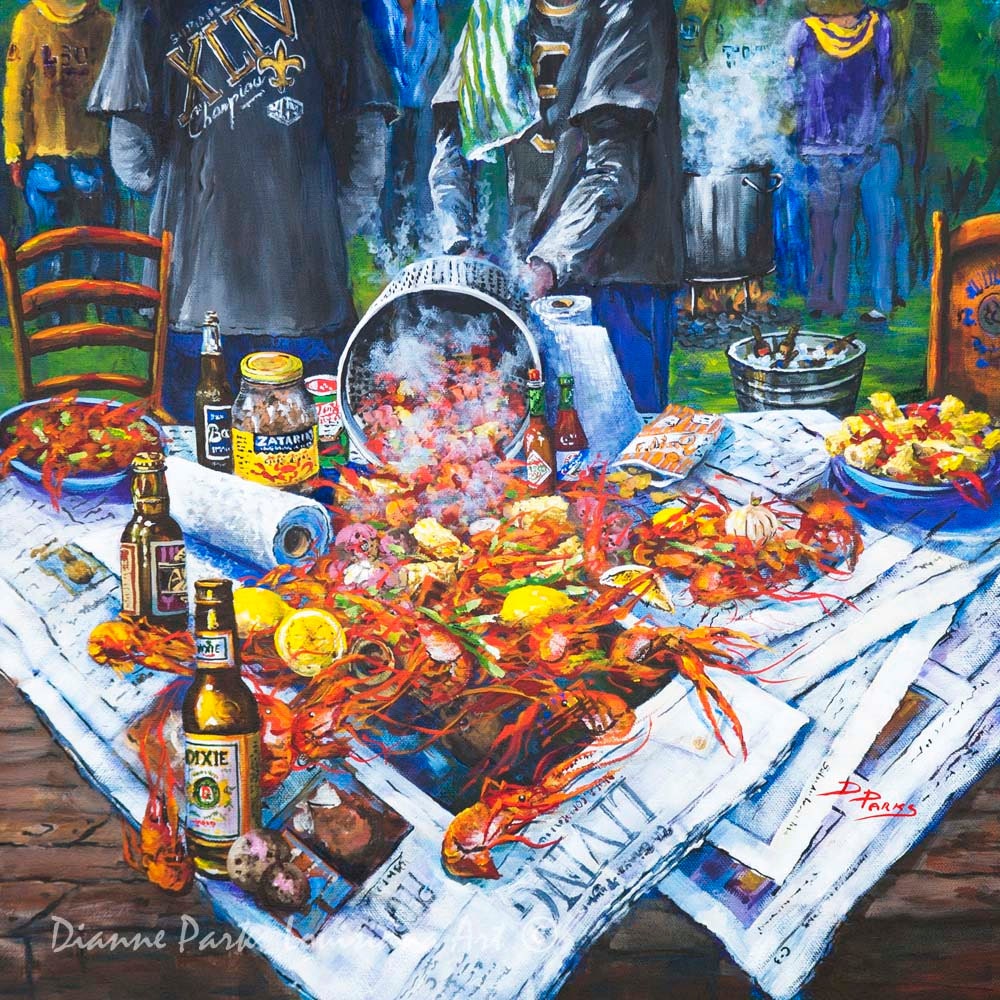 Dixie Beer + Abita Amber With Boiled Crawfish, Crawfish Boil, New Orleans Seafood Art, Zatarains, Louisiana Food Art - "The Boil'