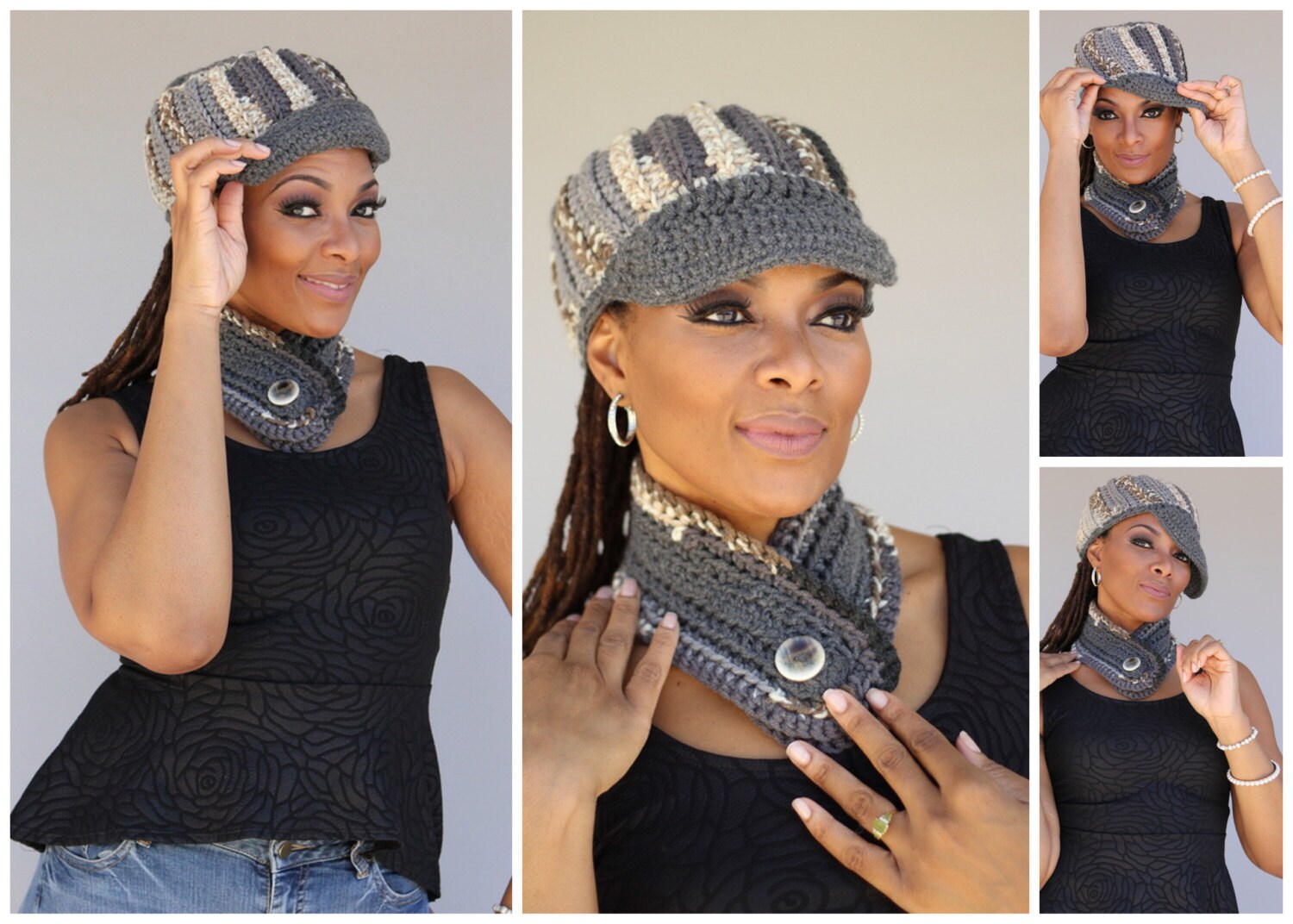 Grey & Brown Blend Crochet Cap/Hat Infinity Neckwarmer Scarf