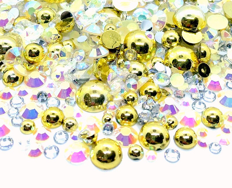 Silver & Gold Blend Rhinestone Mix 2mm-10mm Flatback Jelly Resin | Faux Pearls Rhinestones Mixed Sizes
