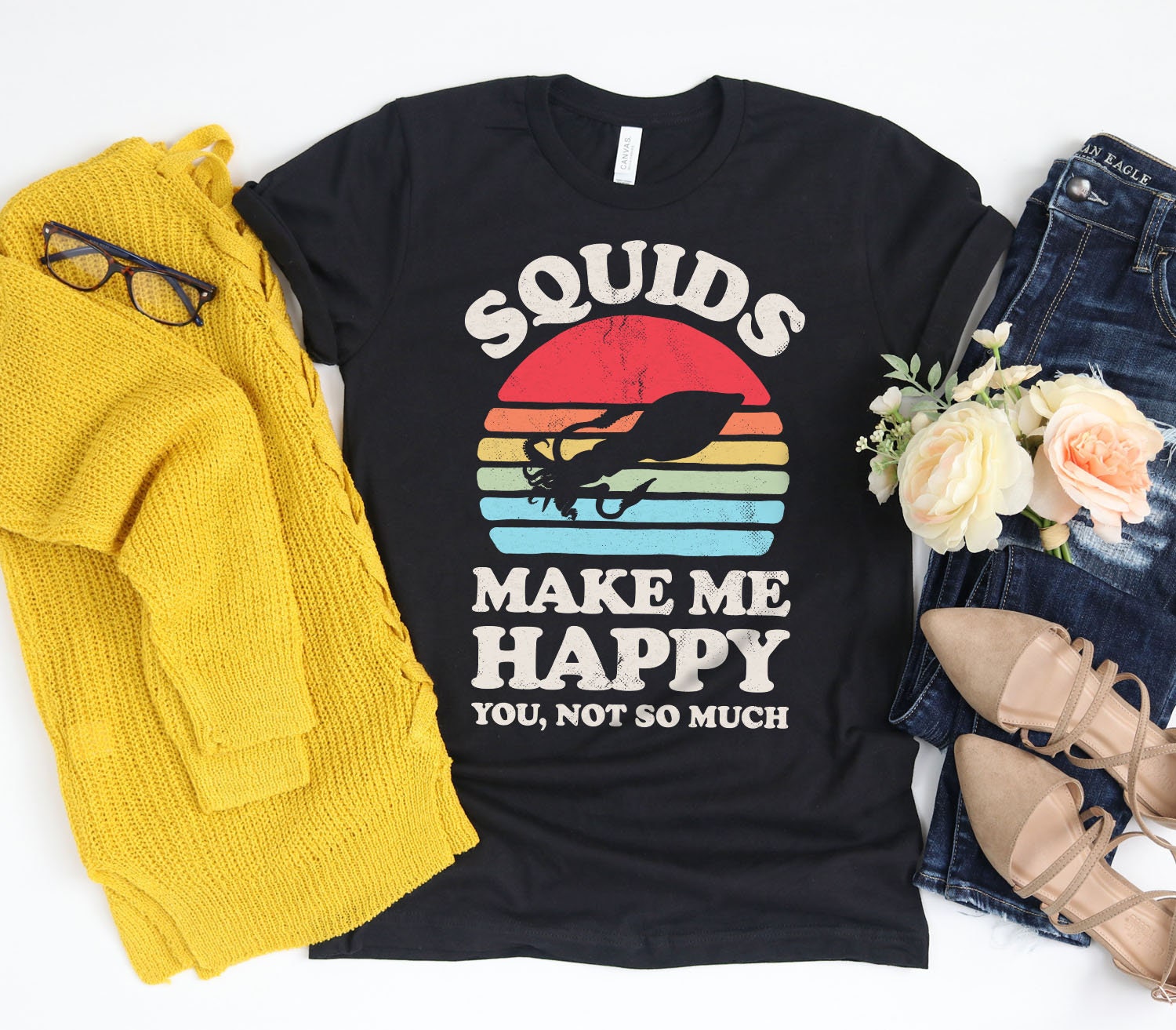 Squids Make Me Happy Sunset Retro Shirt/Squid Gifts Gift For Lover Design Print Tank Top Hoodie