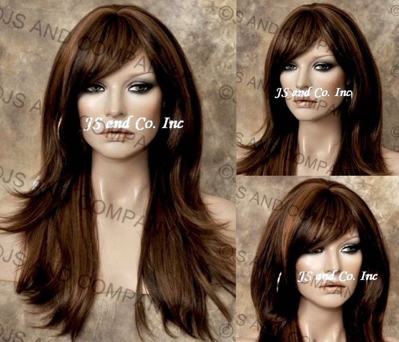 Brown Auburn Mix Human Hair Blend Wig Heat Ok Flared Out Sides & Back Full Bangs Cancer Alopeica Theater Anime Cosplay Emo