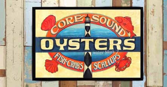 Core Sound Art Print From A Hand Lettered Sign, Lighthouse, Beach House Decor, Fish, Scallop, Crab & Oyster Art Oval. Great Gift