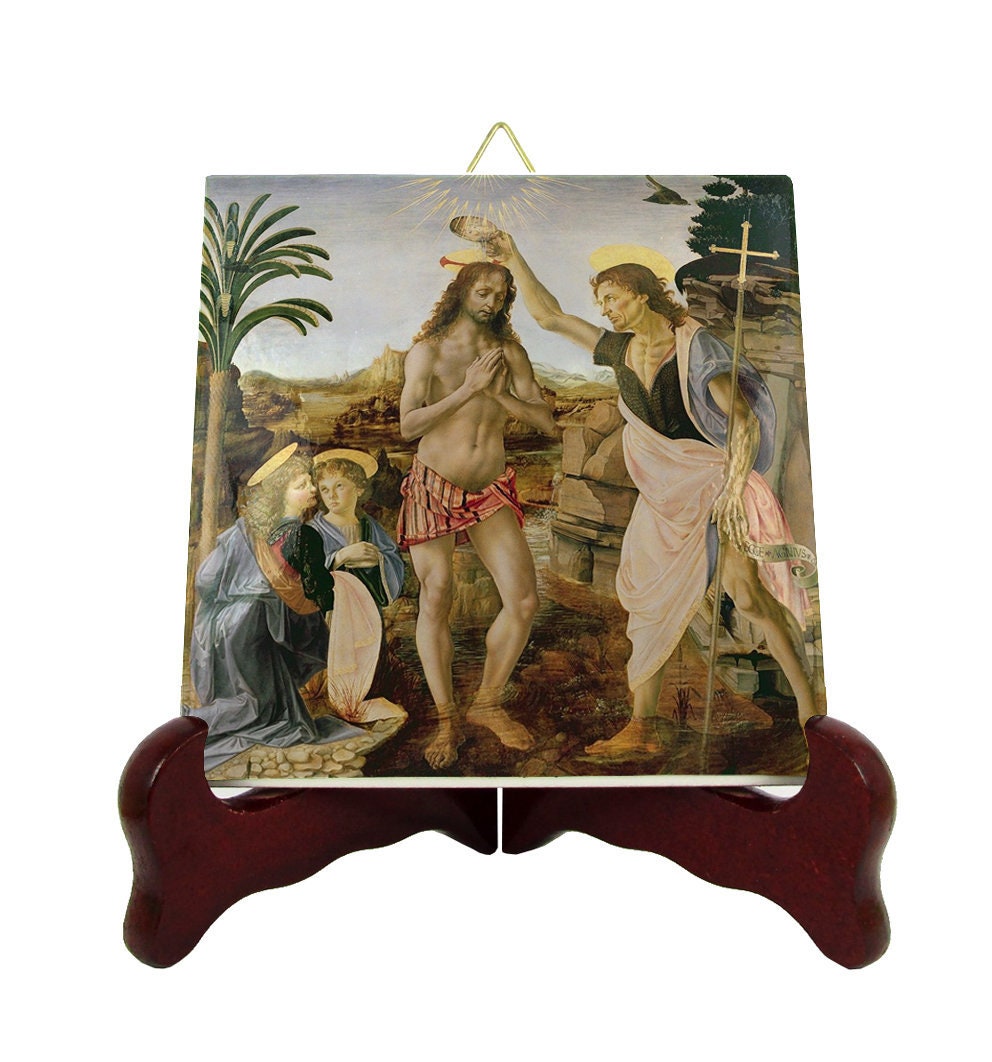 Religious Gifts - The Baptism Of Christ Christian Icon On Ceramic Tile Art Verrocchio & Leonardo Da Vinci