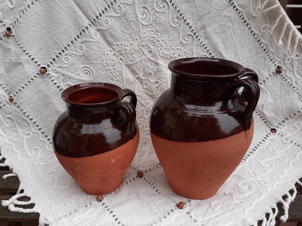 Italian Terracotta Usable Legume Pots. Set Of 2 Large Traditional Cooking Eathenware Pots, Vases Or Kitchen Utensil Holders