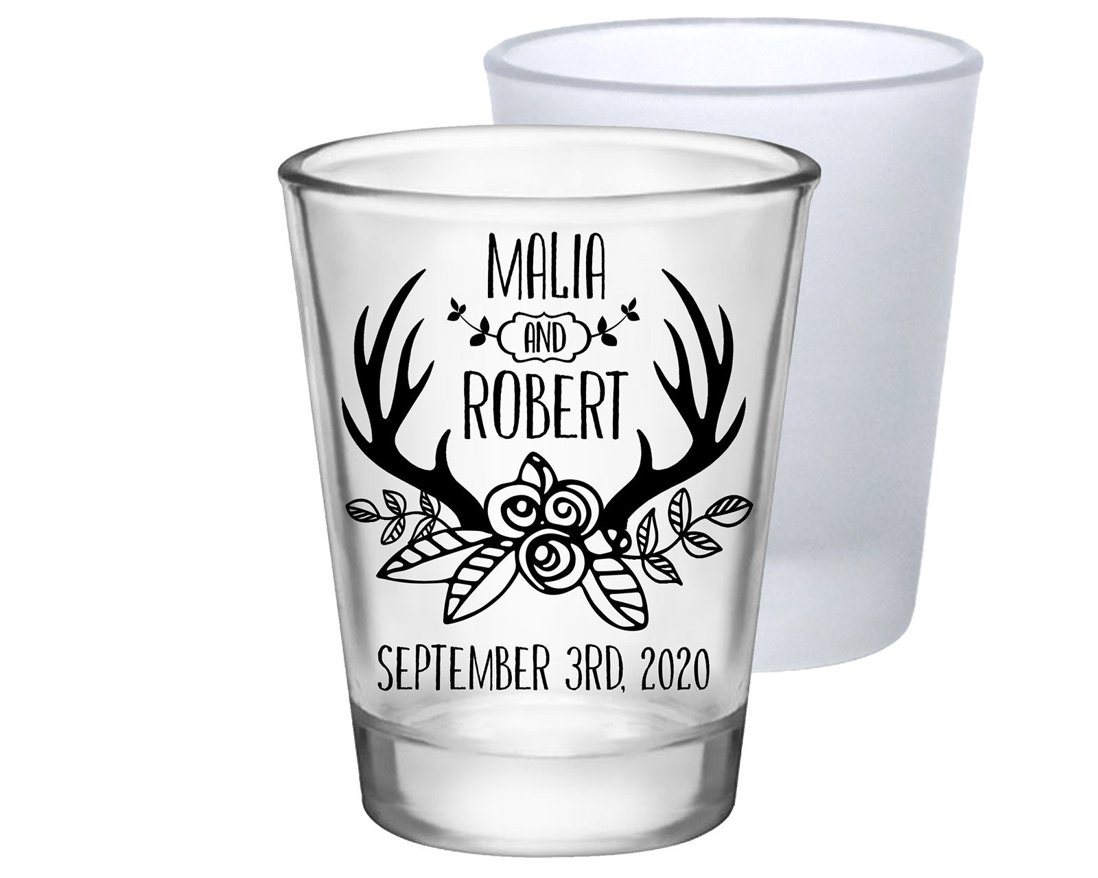 Rustic Wedding Favors Clear Or Frosted Shot Glasses Country Personalized Floral Antlers 1B
