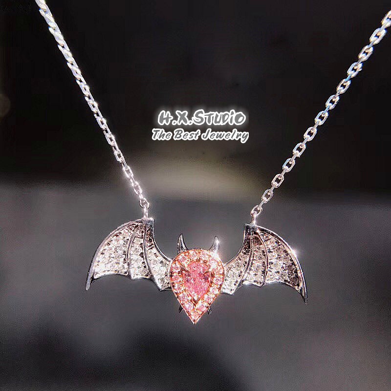 Pink Diamond Bat Pendant Necklace in Solid 18K Gold/Cute Halloween Pendant/Custom Fine Jewelry/Gift For Women & Girls