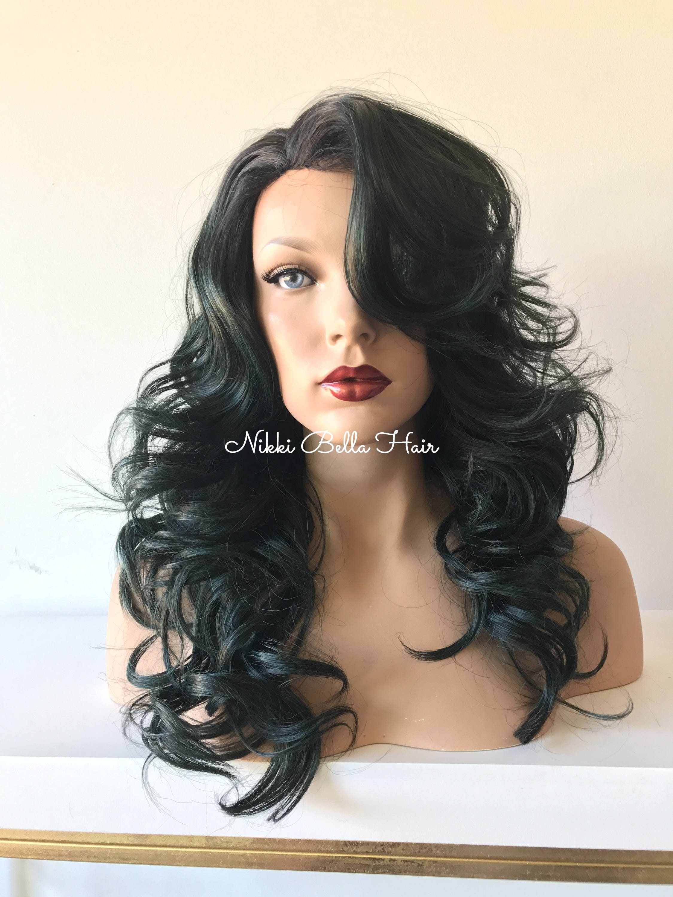 Green Curls Human Hair Blend Multi Parting Full Wig 12' 41717
