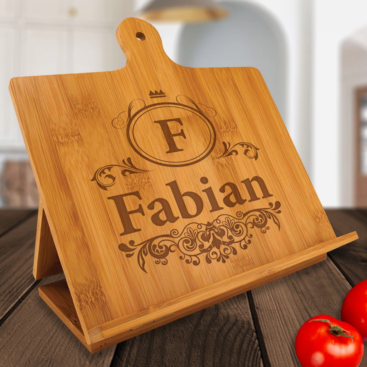 Personalized Bamboo Standing Chef Easel, Custom Name/Initial Engraved Cook Book Stand, Unique Wood Recipe Holder, Holder