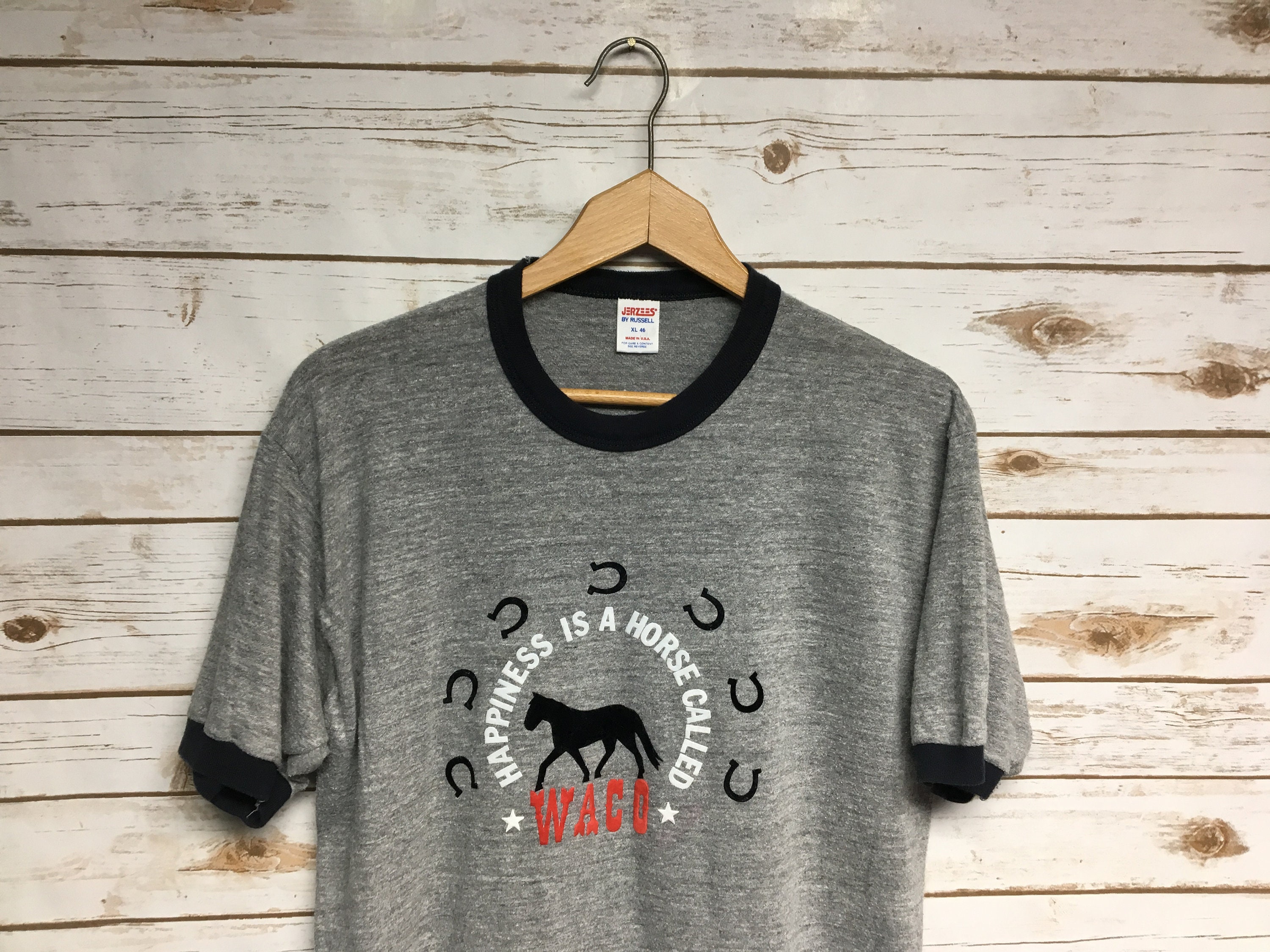Vintage 70's 80's Ringer Tri Blend Rayon Jerzees T Shirt Happiness Is A Horse Called Waco Heather Gray That Show - Medium/Large