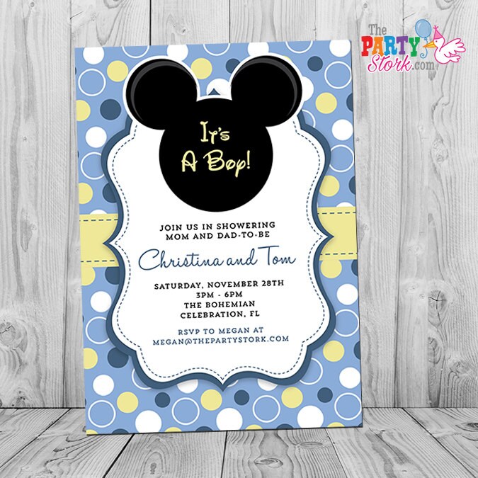 Mickey Mouse Baby Shower Invitation | Printable Boy Invite Pastel Blue Yellow White Polka Dots Black Free Back
