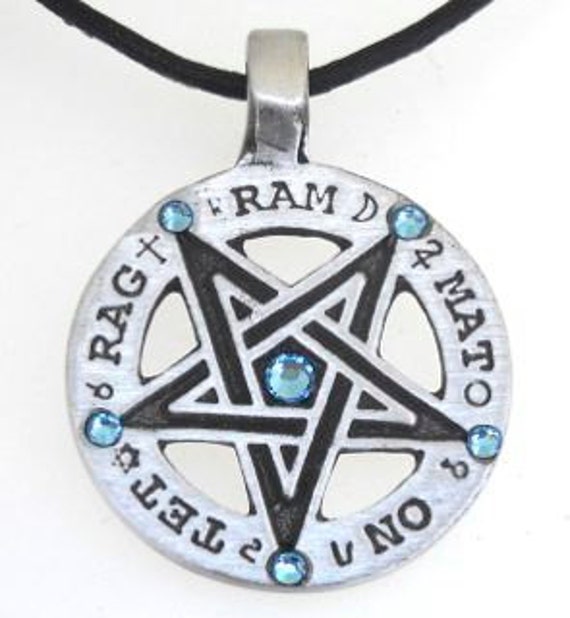 Pewter Inverted Pentagram Tetragrammaton Runes Pendant With Swarovski Crystal Aquamarine Blue March Birthstones | 55C