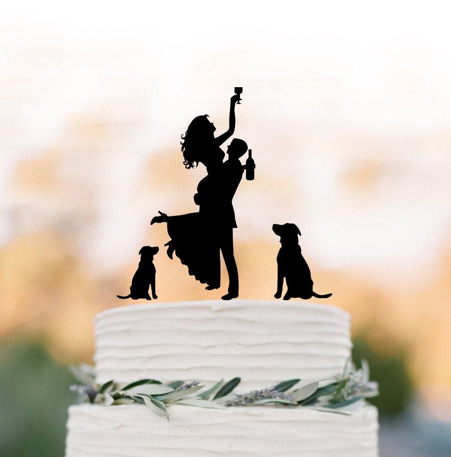 Drunk Bride Wedding Cake Topper Dogs, Toppers With 2 Dogs Bride & Groom Silhouette, Funny Wedding Cake Toppers Customized Dog