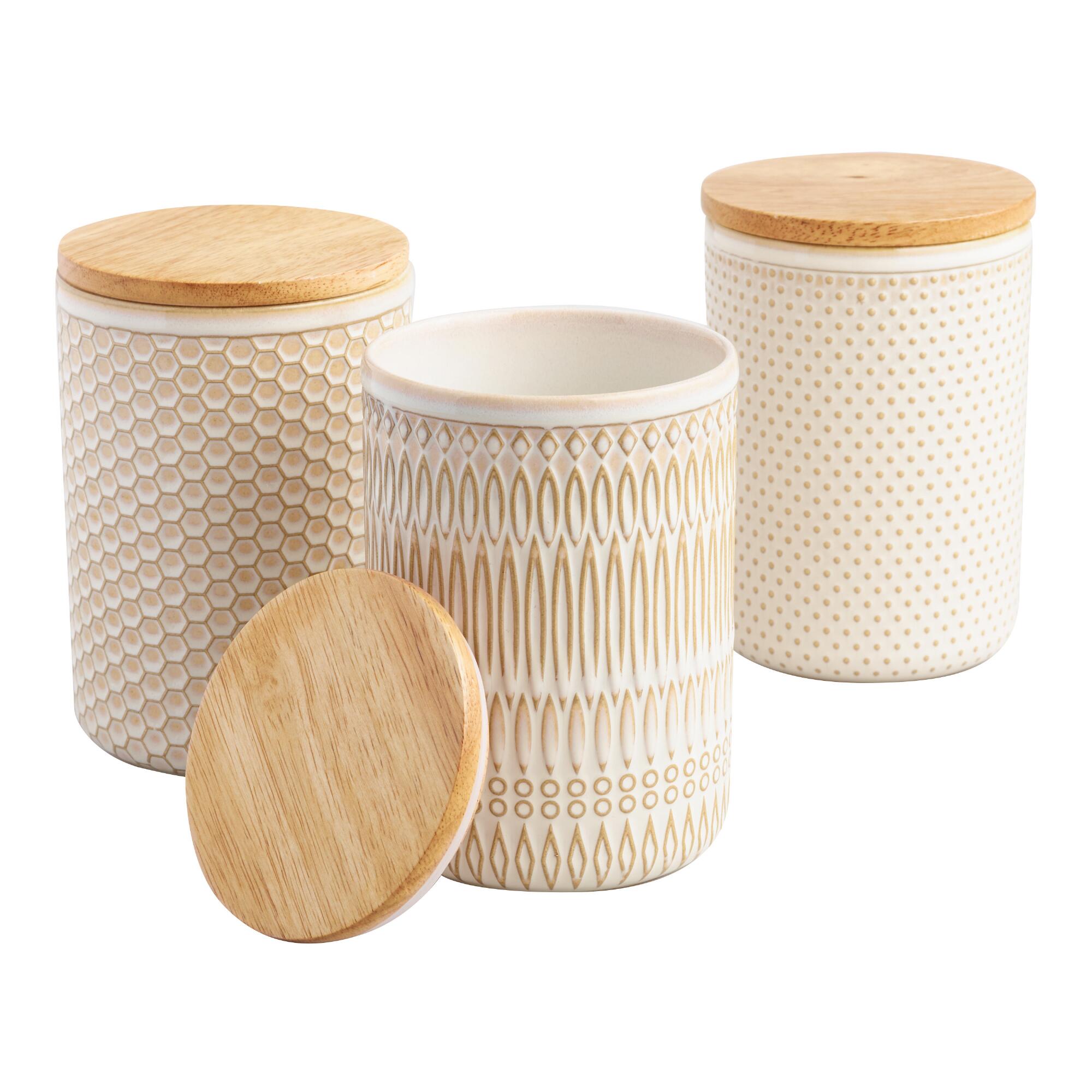 Textured Ceramic Storage Canisters with Wood Lids Set of 3 by World Market