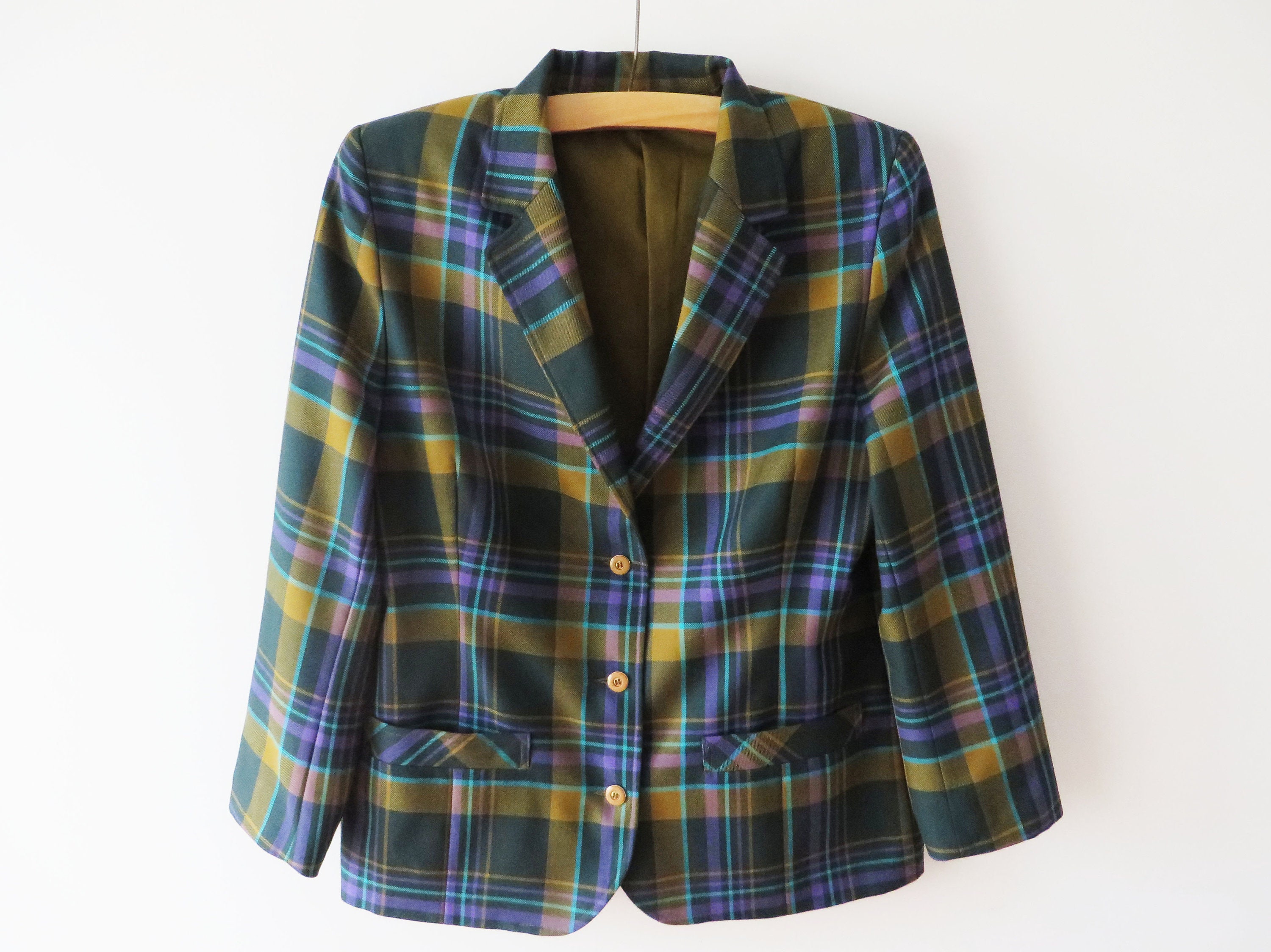 90S Plaid Women Blazer Wool Blend Formal Jacket With Pockets Lined Checkered Office Wear Gift For Her Size Medium To Large